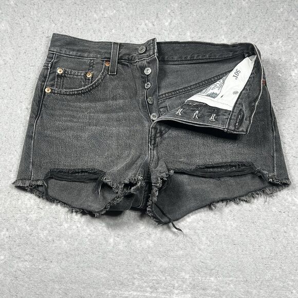 Levi’s Jean Shorts Womens SZ 24 Black Premium Original Fit 501 Denim Distressed - Picture 1 of 15